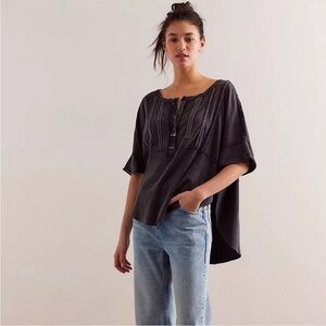 FP We The Free My Feelings Henley Top Shirt Gray Sz S Oversized Boho Grunge